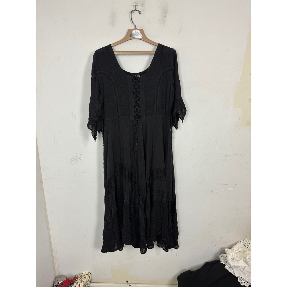 Sapogee Black Embroidered Lace Up Corset Midi Dress Free Size Boho Gothic